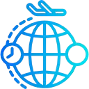 Airplane around globe icon, blue gradient.
